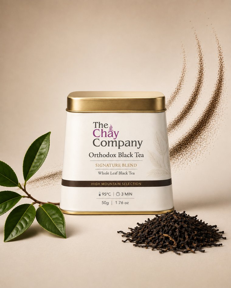 The Chay Company Orthodox Black Tea tin, signature blend whole leaf, with a tea branch