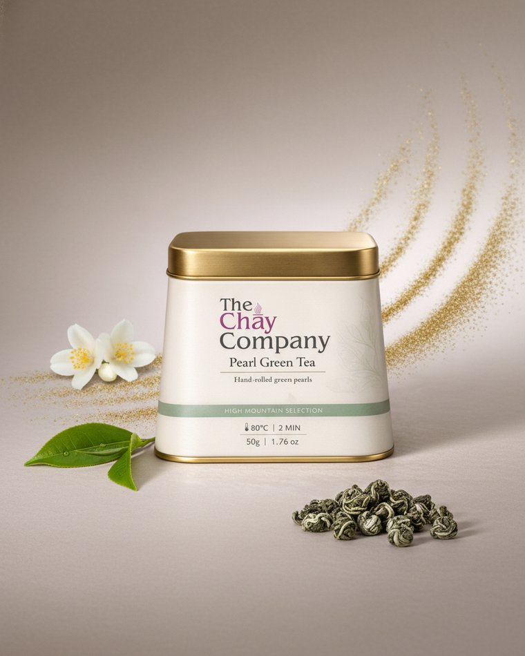 The Chay Company Pearl Green Tea tin, hand-rolled green pearls, with jasmine blossom and tea leaves