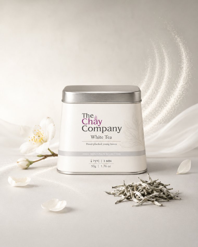 The Chay Company White Tea tin, hand-plucked young leaves, with jasmine blossom